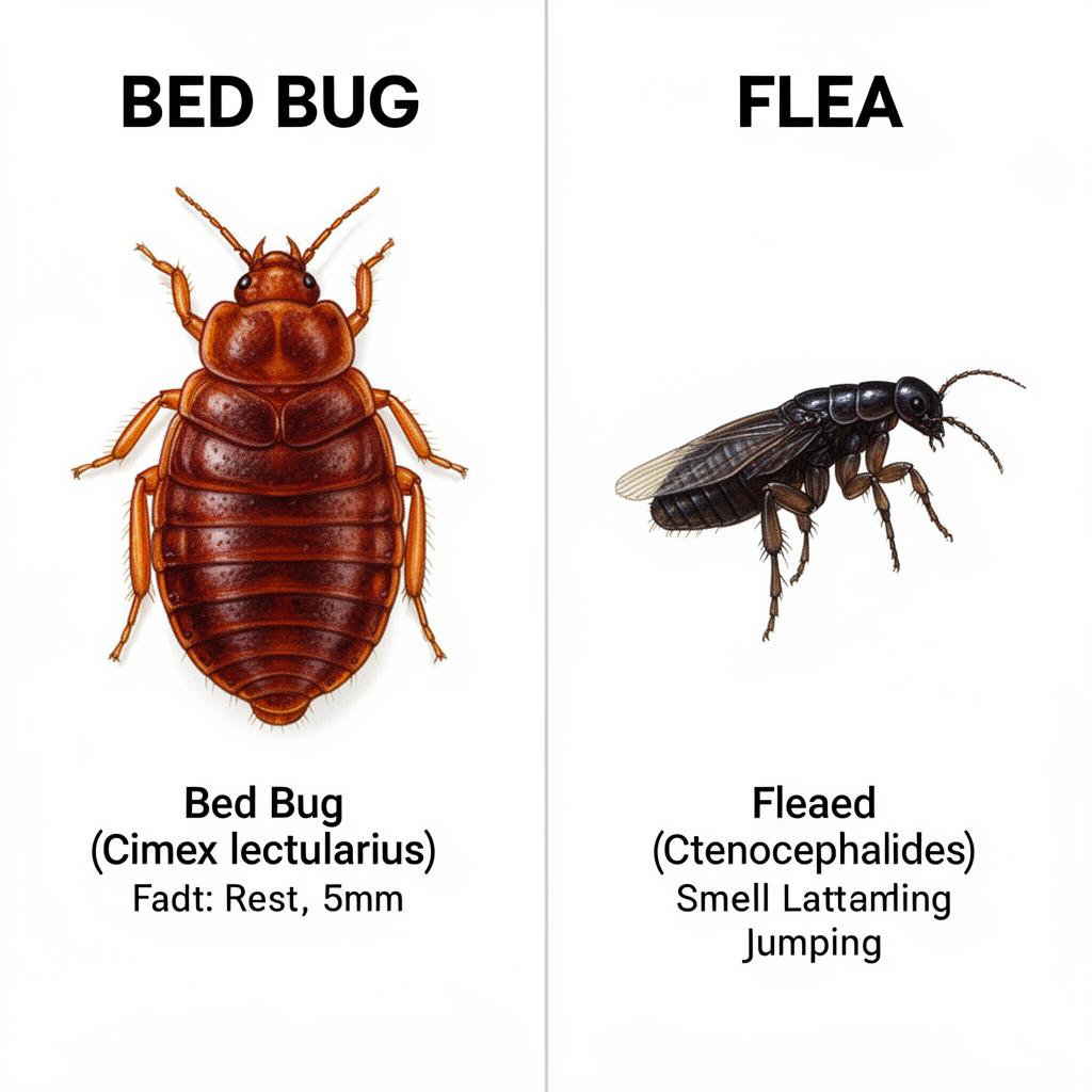 Porównanie wyglądu pluskwy domowej i pchły – infografika entomologiczna